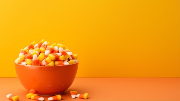 Bowl of candy corn on an orange background with space