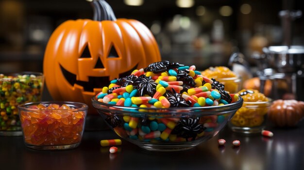 A bowl of candy next to a pumpkin