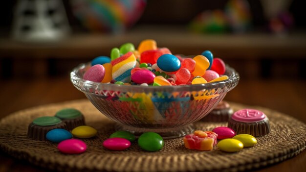 Миска конфет с разноцветными конфетами