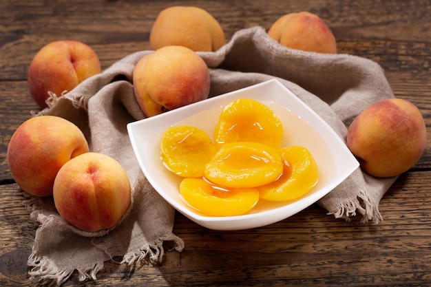 Bowl of canned peaches and fresh fruits