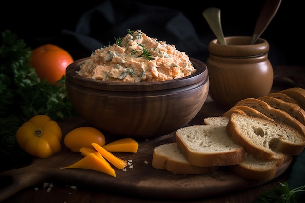 A bowl of carrot dip next to bread and bread