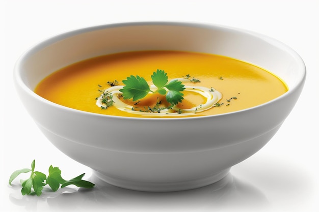 A bowl of carrot soup with parsley on the side isolated on white background illustration images