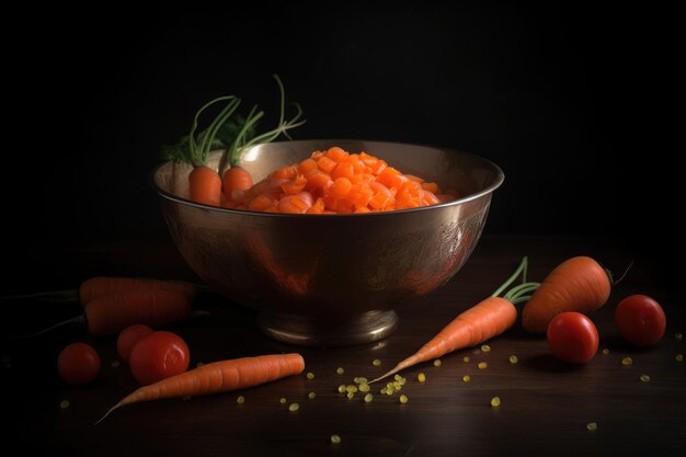 A bowl of carrots and some carrots with the word carrots on it