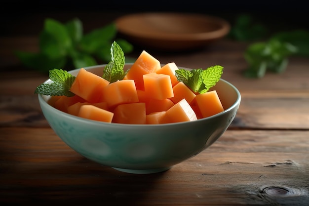 A bowl of carrots with mint leaves on a wooden table.