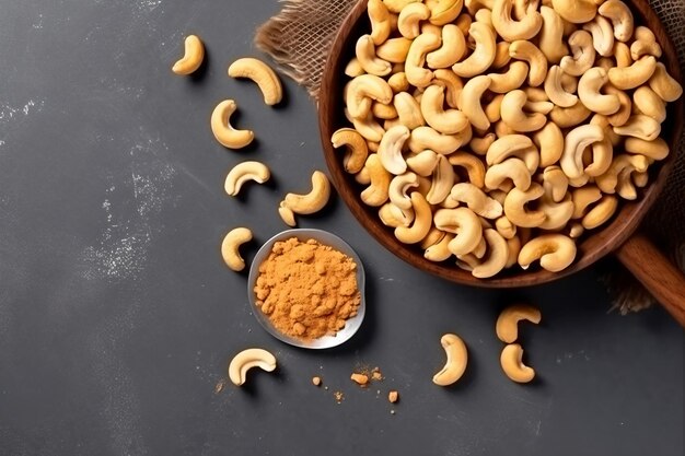 a bowl of cashews and a spoon of cinnamon