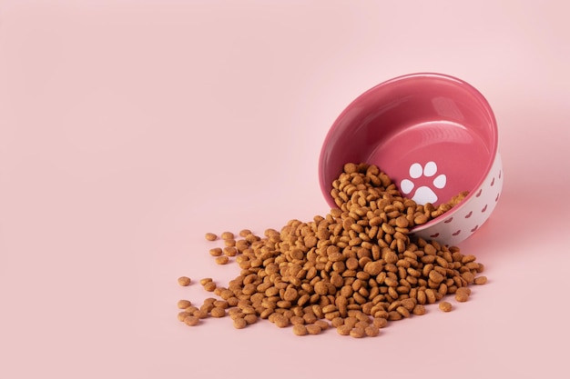 A bowl of cat food on a pink background copy space