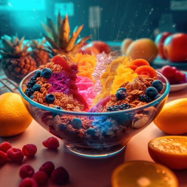 Foto una ciotola di cereali, frutta e arance su un tavolo immagine di intelligenza artificiale generativa