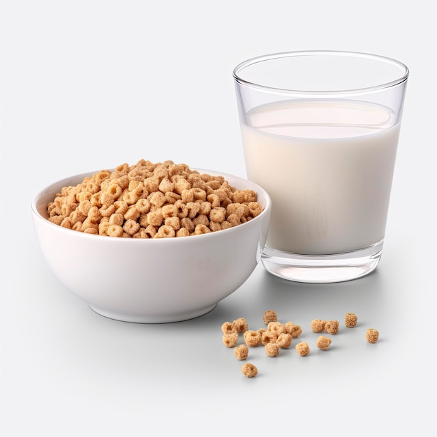 A bowl of cereal next to a glass of milk