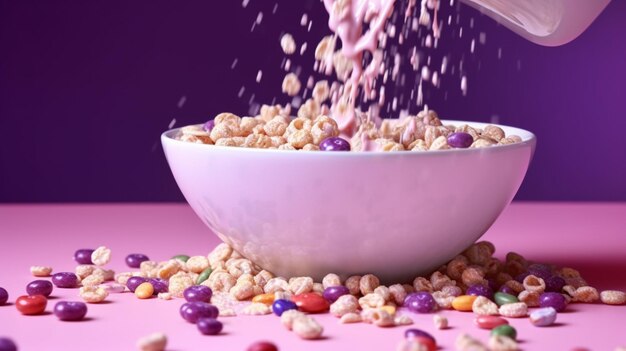 A bowl of cereal is being poured into a bowl with