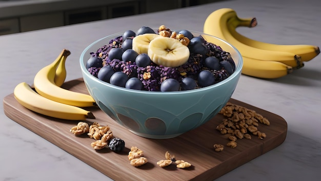 a bowl of cereal with bananas and bananas on a wooden board