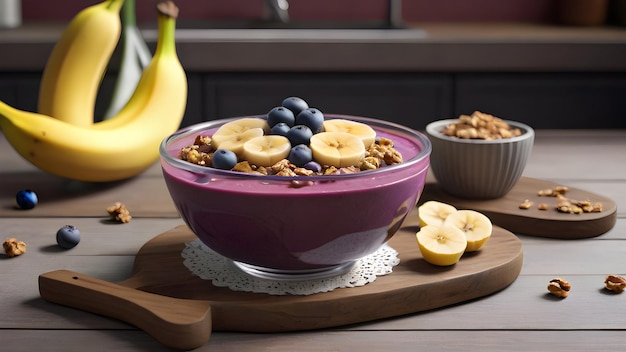 a bowl of cereal with bananas and bananas on a wooden board