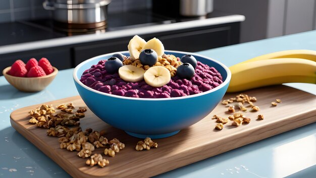 a bowl of cereal with bananas and bananas on a wooden board