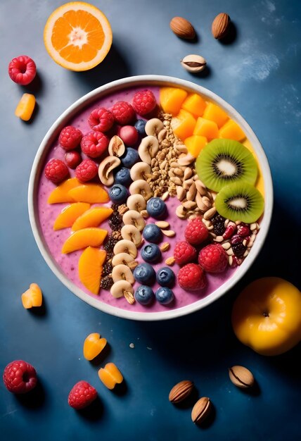 Photo a bowl of cereal with berries bananas and raspberries