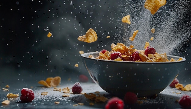 a bowl of cereal with berries and a spoon in it