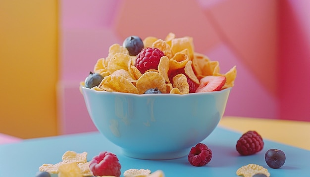 a bowl of cereal with a blue bowl of cereal and raspberries