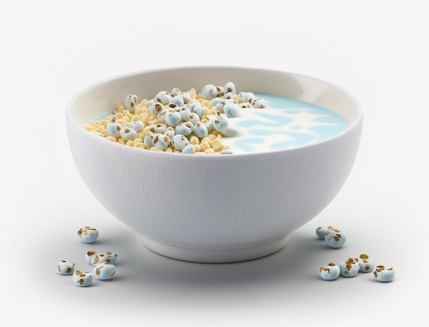 A bowl of cereal with blue and white cereal on it