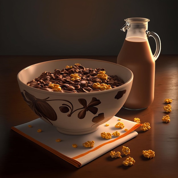 A bowl of cereal with a bottle of milk next to it.