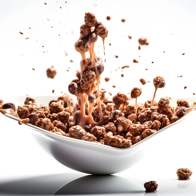 A bowl of cereal with chocolate and nuts sprinkled on top.