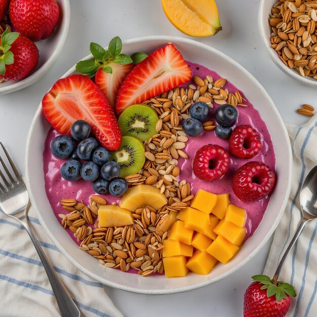 Photo a bowl of cereal with fruit and nuts on it