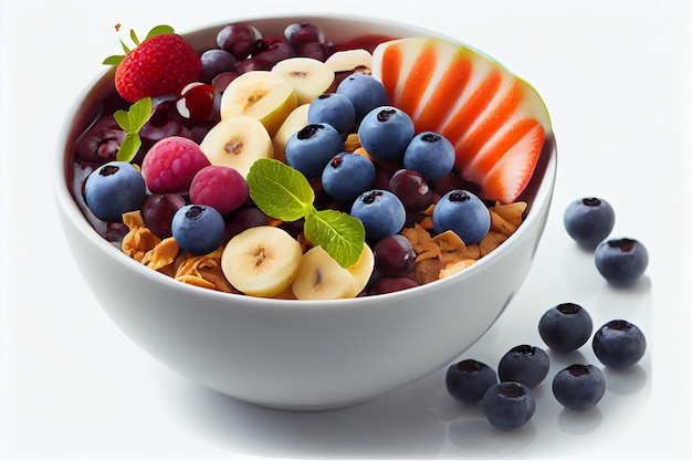 A bowl of cereal with fruit on top