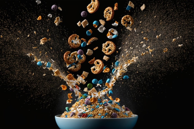 Photo a bowl of cereal with a lot of colorful candies being poured into it.