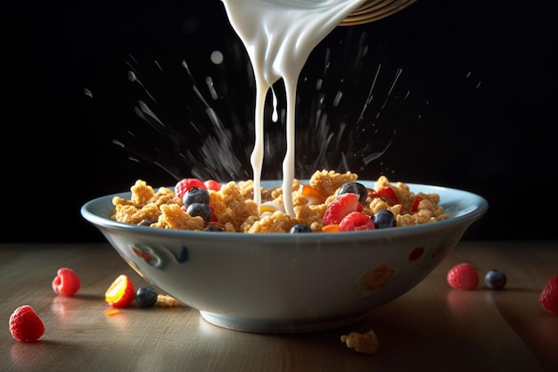 A bowl of cereal with milk pouring into it