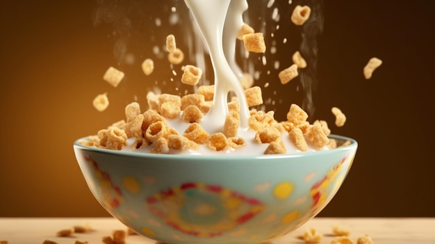 A bowl of cereal with milk and a splash of milk