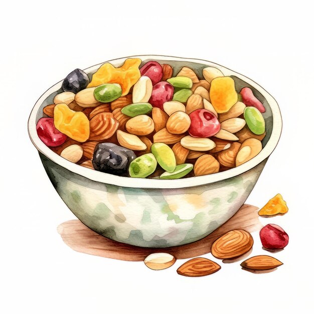 A bowl of cereal with nuts and fruits