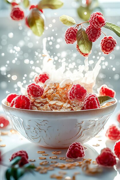 Foto una ciotola di cereali con lamponi e farina d'avena