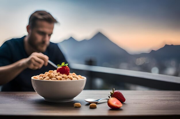 A bowl of cereal with a spoon and a bowl of beans with beans and nuts