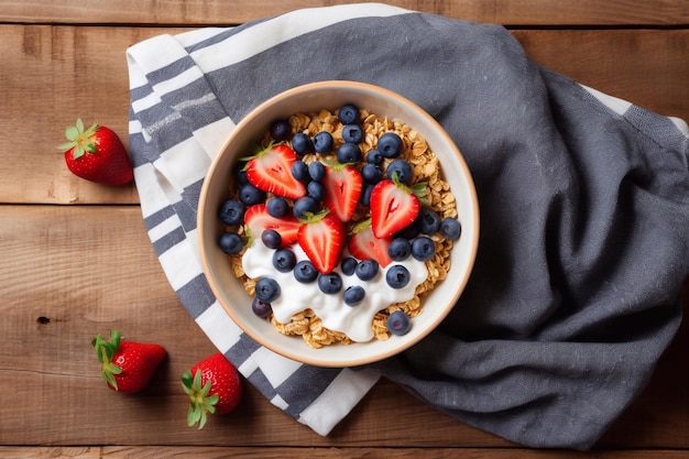 a bowl of cereal with strawberries and blueberries on a wooden table