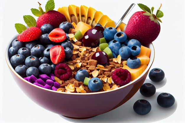 A bowl of cereal with a variety of fruits and nuts