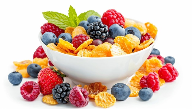 a bowl of cereals raspberries and raspberries are displayed in a white bowl