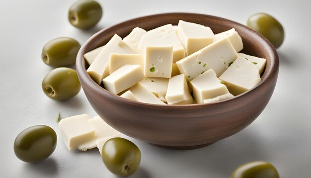 Photo a bowl of cheese and cheese with a bowl of cheese and olives
