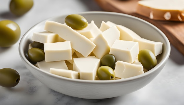 Photo a bowl of cheese and green olives with a bag of cheese