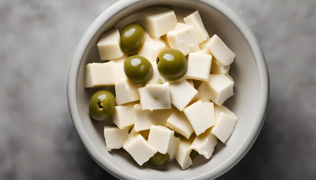 Photo a bowl of cheese and green olives with a bowl of cheese