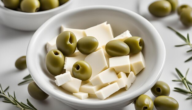 Photo a bowl of cheese and olives with a bowl of cheese