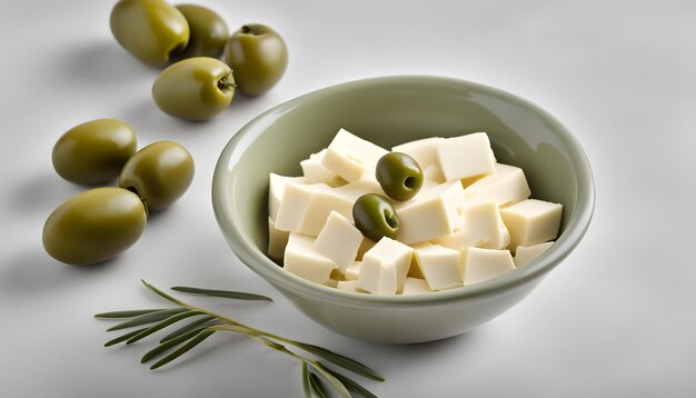 a bowl of cheese and olives with a bowl of cheese