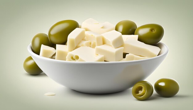 Photo a bowl of cheese and olives with a bowl of cheese