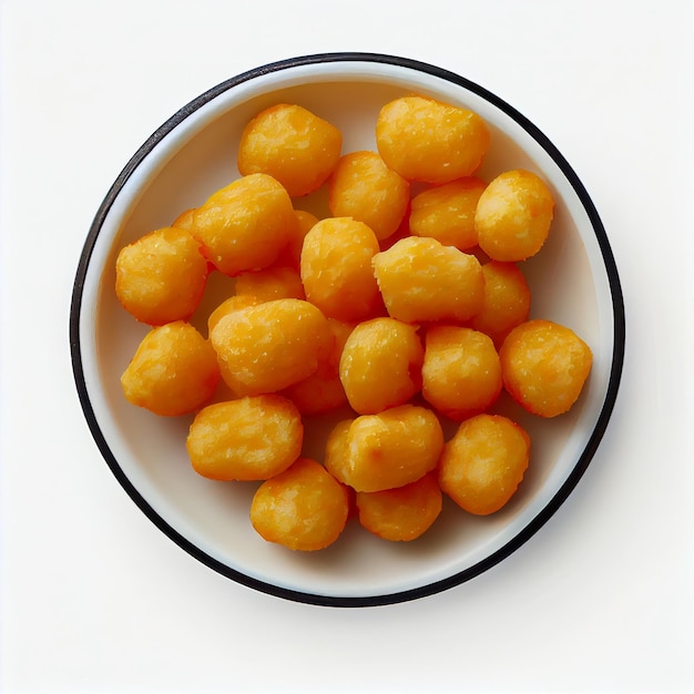 A bowl of cheese puffs sits on a white surface.