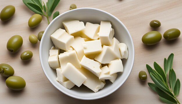 Photo a bowl of cheese and some green olives with a bunch of green olives