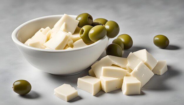 Photo a bowl of cheese and some of the ingredients including green olives