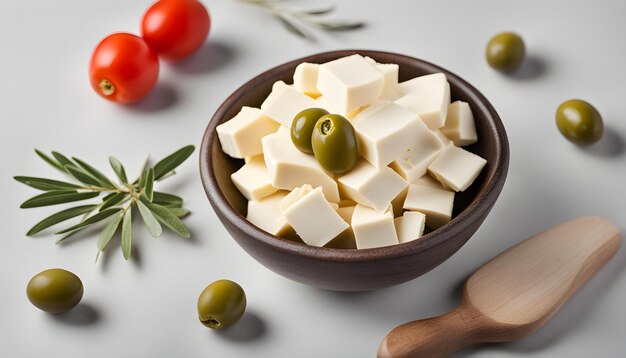 a bowl of cheese with a bowl of cheese and olives