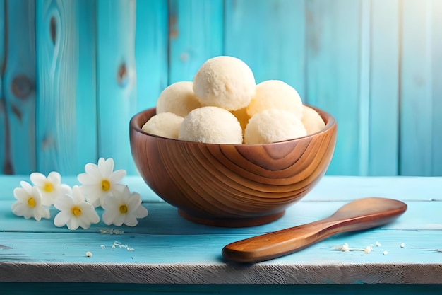 Photo a bowl of cheese with a wooden spoon and a spoon.