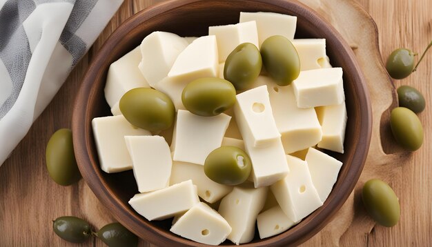 Photo a bowl of cheeses with cheese and green olives in it