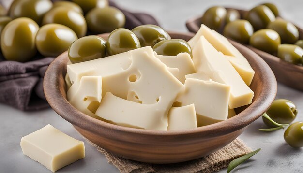 a bowl of cheeses with cheese and olives on a table