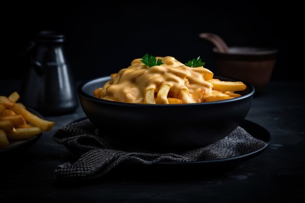 A bowl of cheesy french fries with a black background