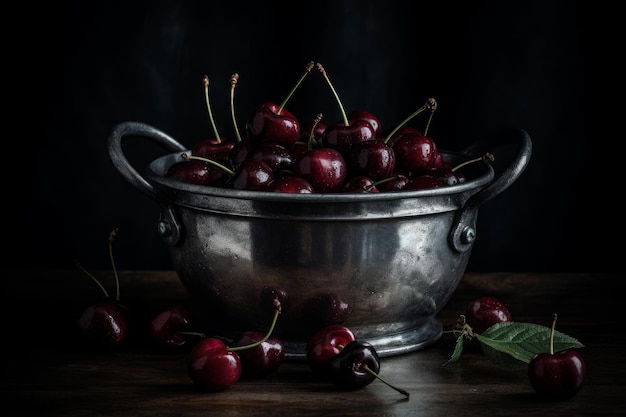 A bowl of cherries on a dark background