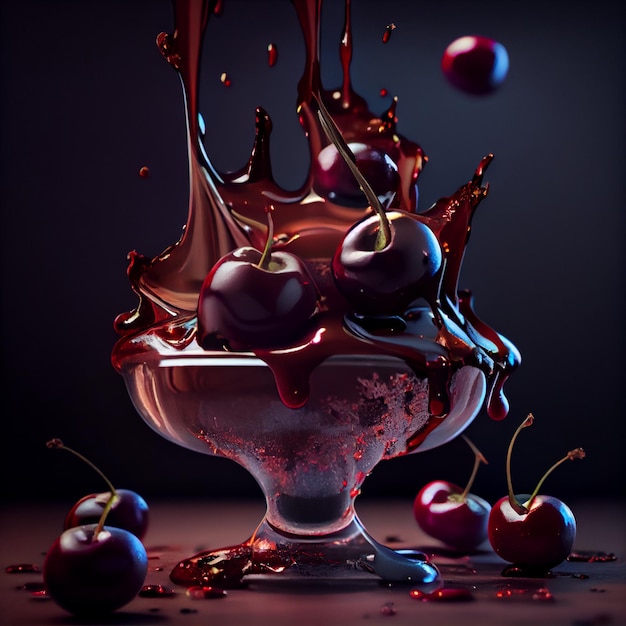 A bowl of cherries is filled with chocolate sauce and the word cherries is on the bottom.