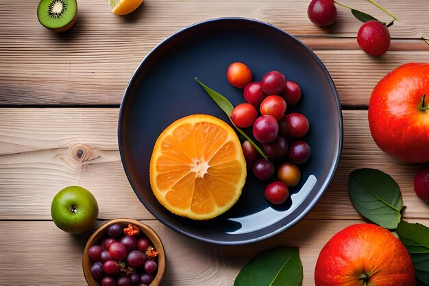 A bowl of cherries and an orange are on a wooden table